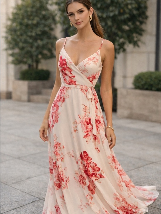 Lulus Dresses & Skirts - Lulu's Cream Pink Floral Wedding Guest Maxi Wrap Dress